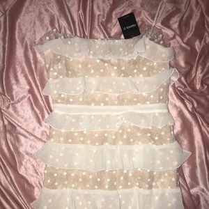 White and tan layered lace mini dress